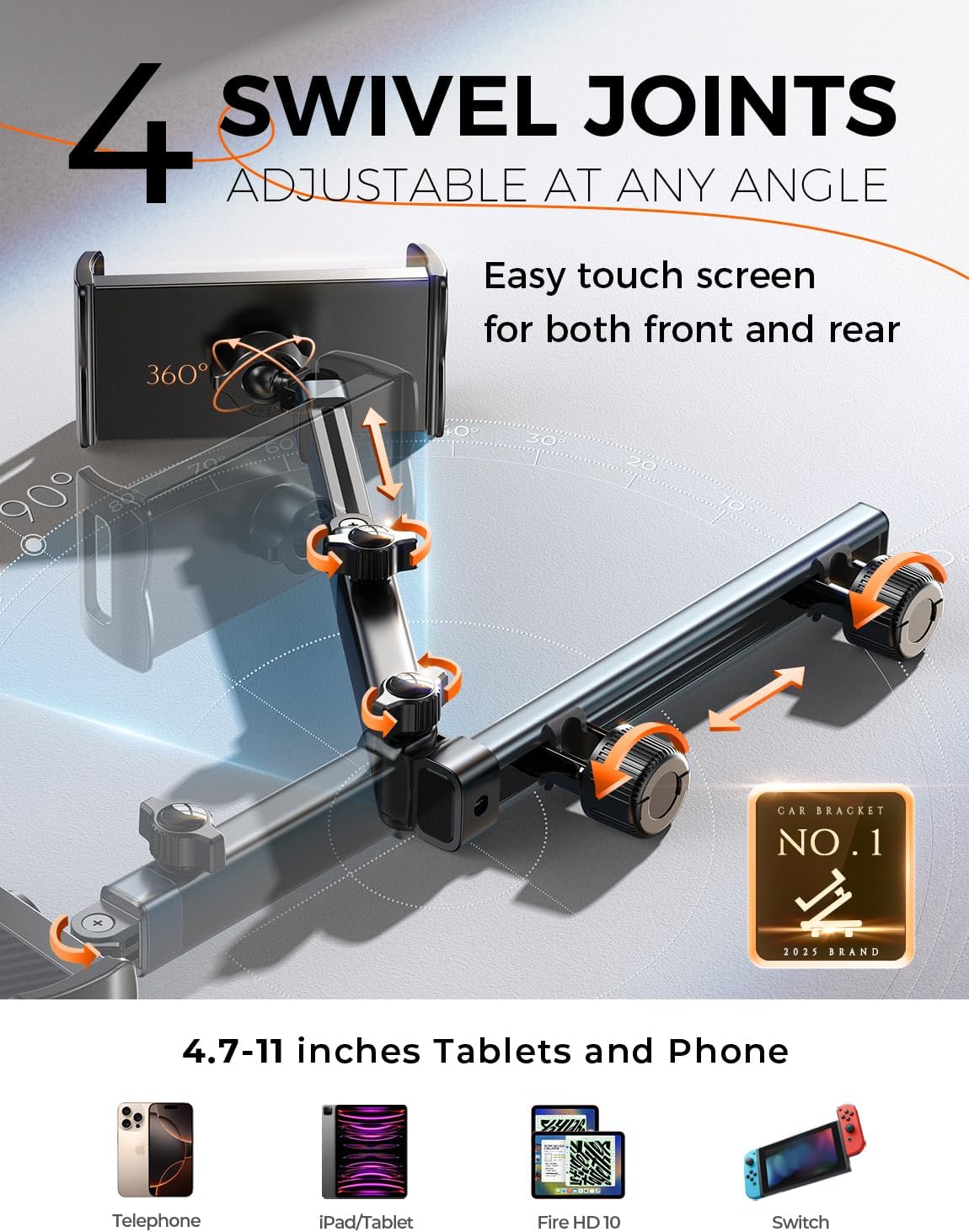 LISEN 3-in-1 Car Backseat Tablet Mount (Model 2E547) - Secure 4-Axis Holder for Kids Entertainment