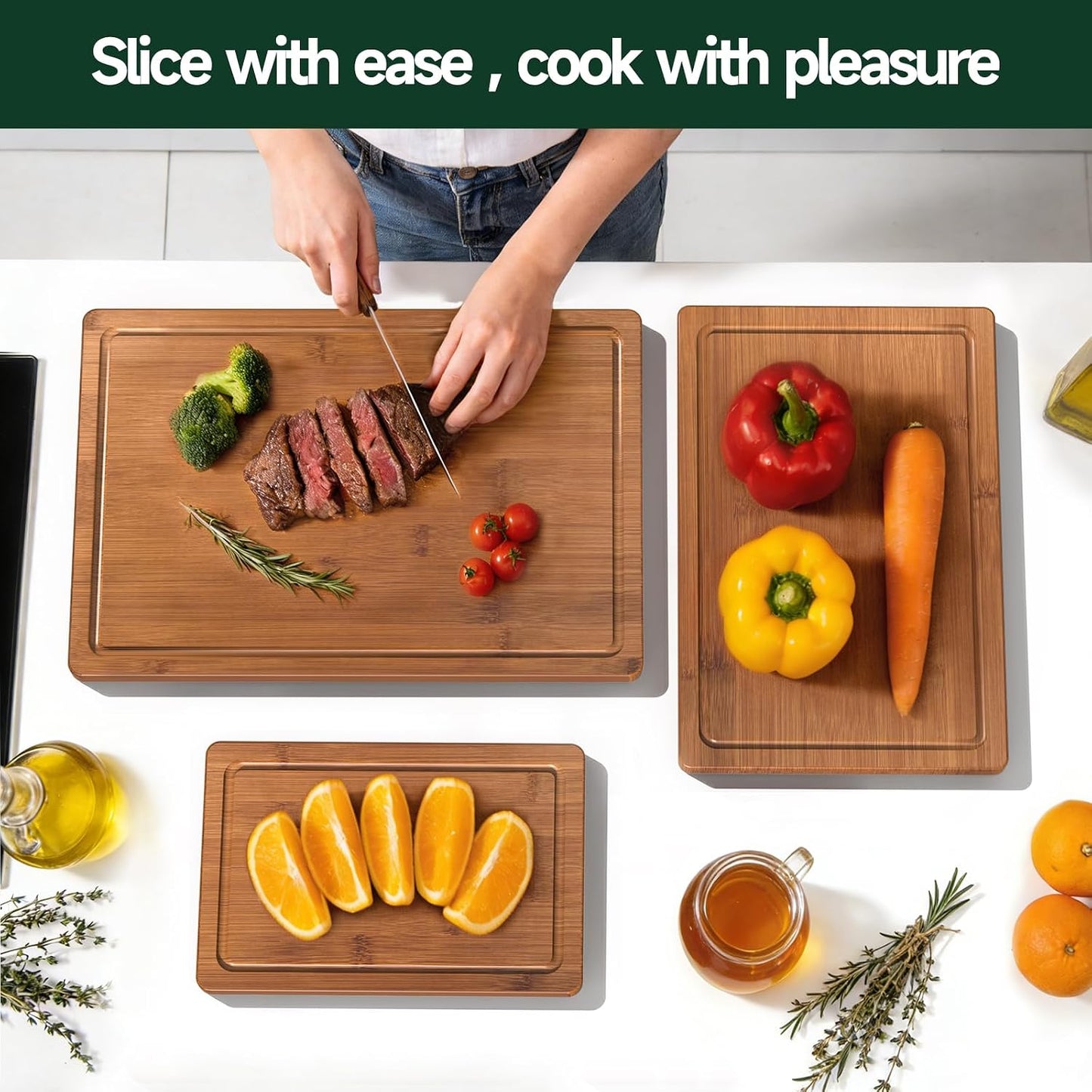 3-Piece Carbonized Bamboo Cutting Board Set - Durable, Pre-Oiled Boards for Meat & Cheese