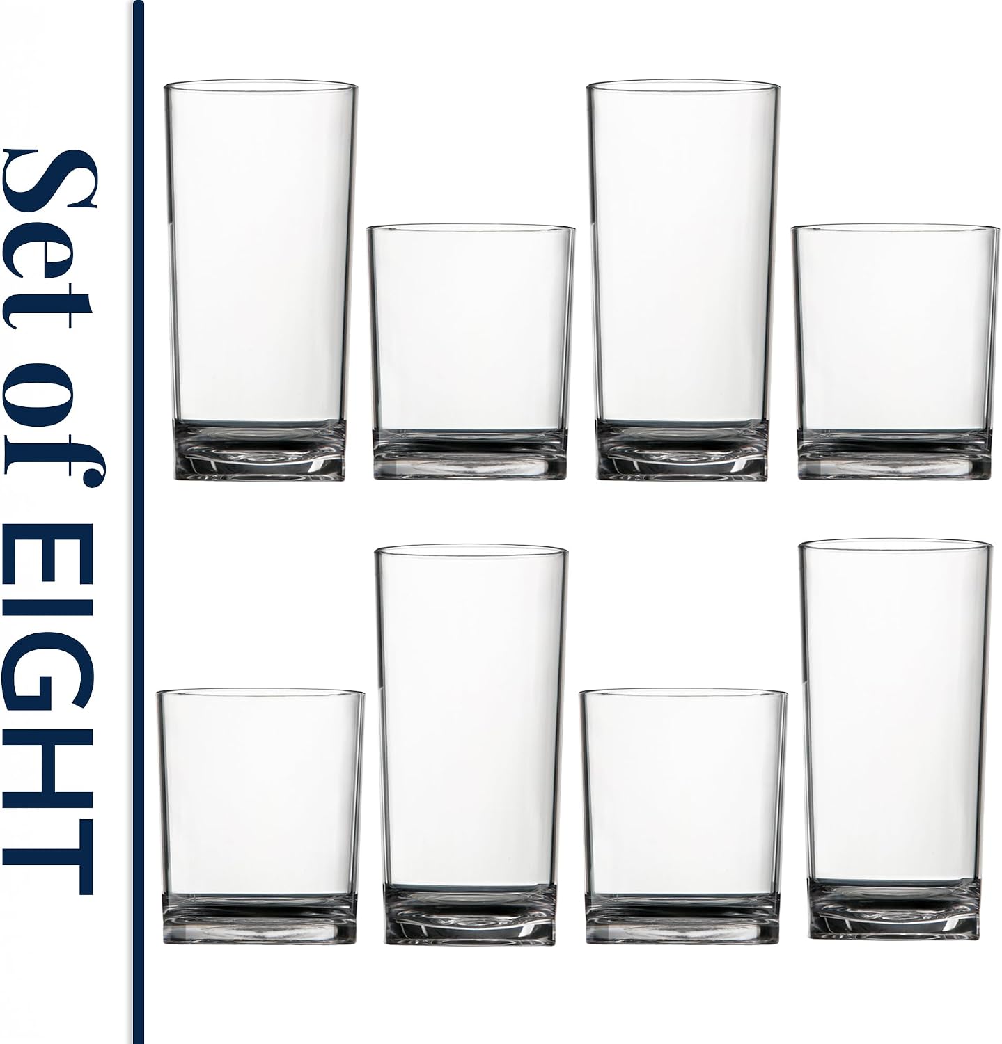 US Acrylic Classic Clear Plastic Reusable Drinking Glasses Set (4x12oz + 4x16oz) BPA-Free Dishwasher Safe