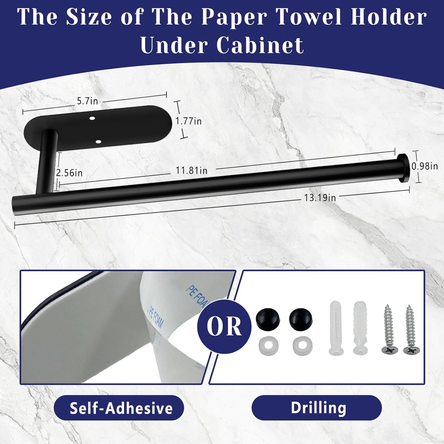 Bollove Stainless Steel Black Paper Towel Holder Under Cabinet Self Adhesive
