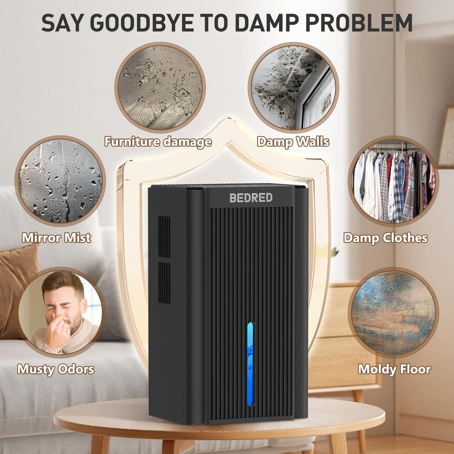 Quiet Home Dehumidifier with Auto Shut Off & 7-Color Light - BEDRED CT11