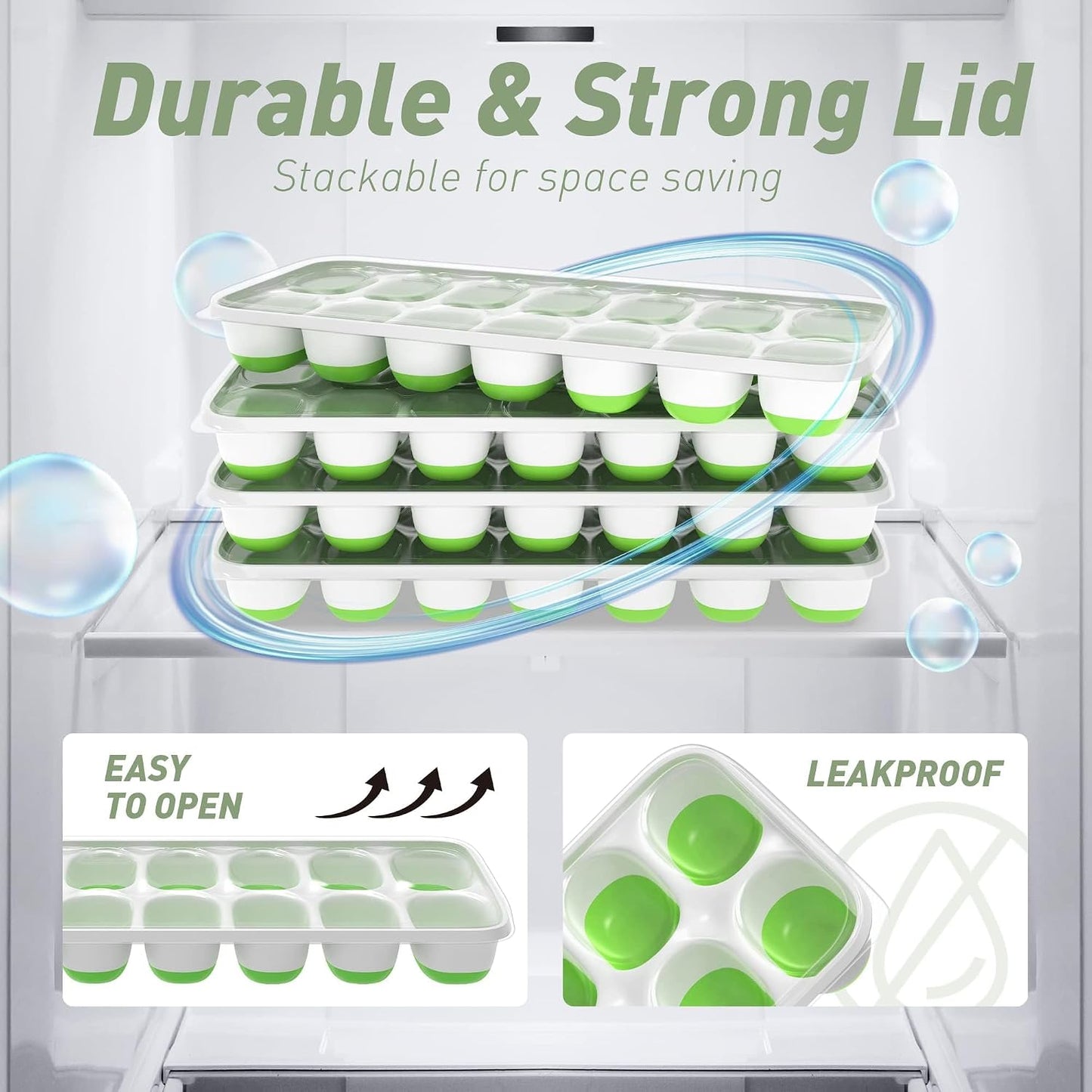 ChefAide 4-Pack Ice Cube Trays with Lids - Stackable Freezer Ice Molds