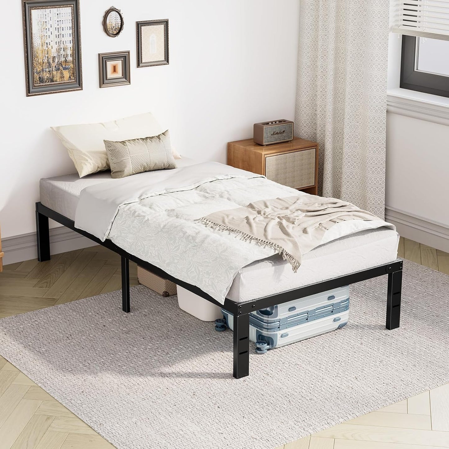 Sweetcrispy Heavy-Duty Twin Bed Frame with Storage & No Box Spring Needed (14" Steel)