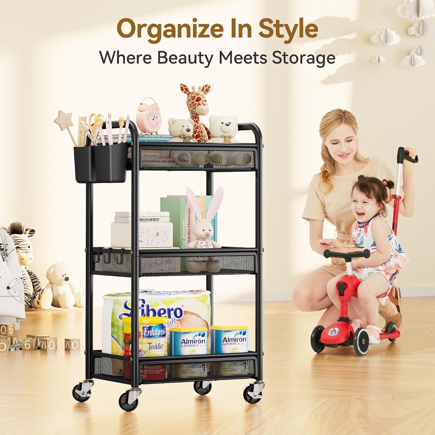 YASONIC 3-Tier Rolling Metal Cart with Wheels - 110 lb Capacity Storage Utility Cart for Kitchen/Office