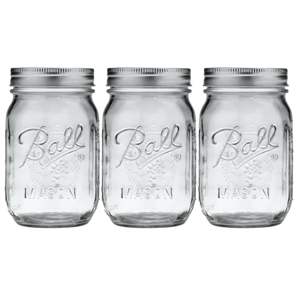 Ball Mason Jar Set (3-Pack) - Regular Mouth 16oz Glass Jars for Canning & Creative Storage