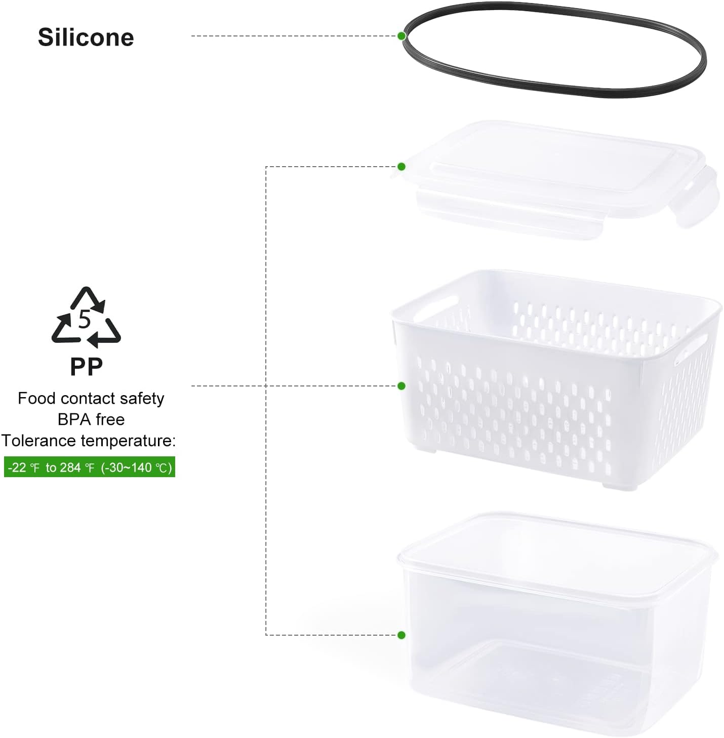 Freshmage 5-Piece Large Leakproof Fridge Food Storage Containers with Colanders - Keep Produce Fresh Longer