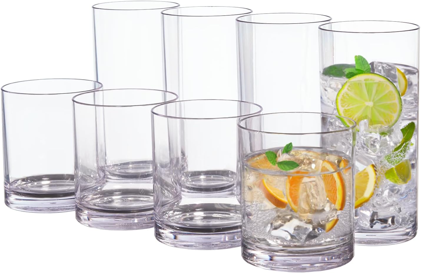 US Acrylic Classic Clear Plastic Reusable Drinking Glasses Set (4x12oz + 4x16oz) BPA-Free Dishwasher Safe