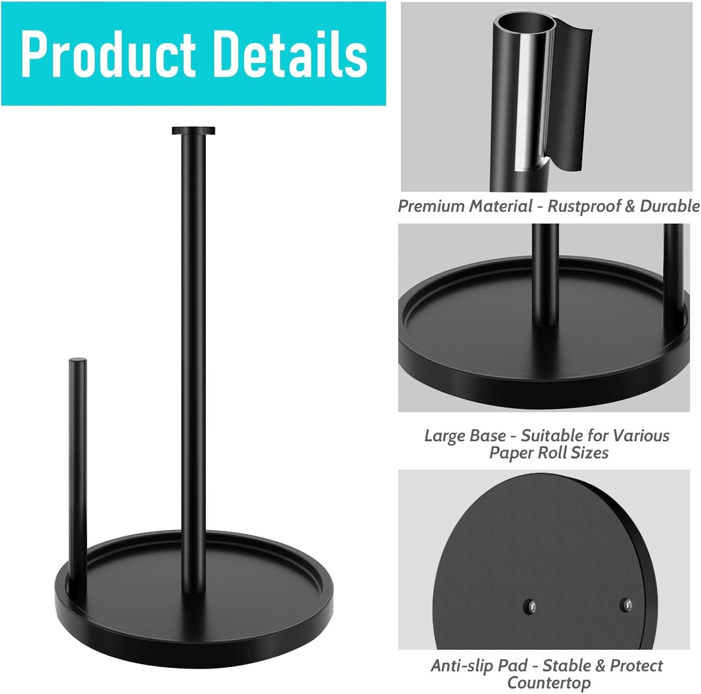 STWWO Freestanding Paper Towel Holder with Anti-Slip Base for Kitchen Countertop