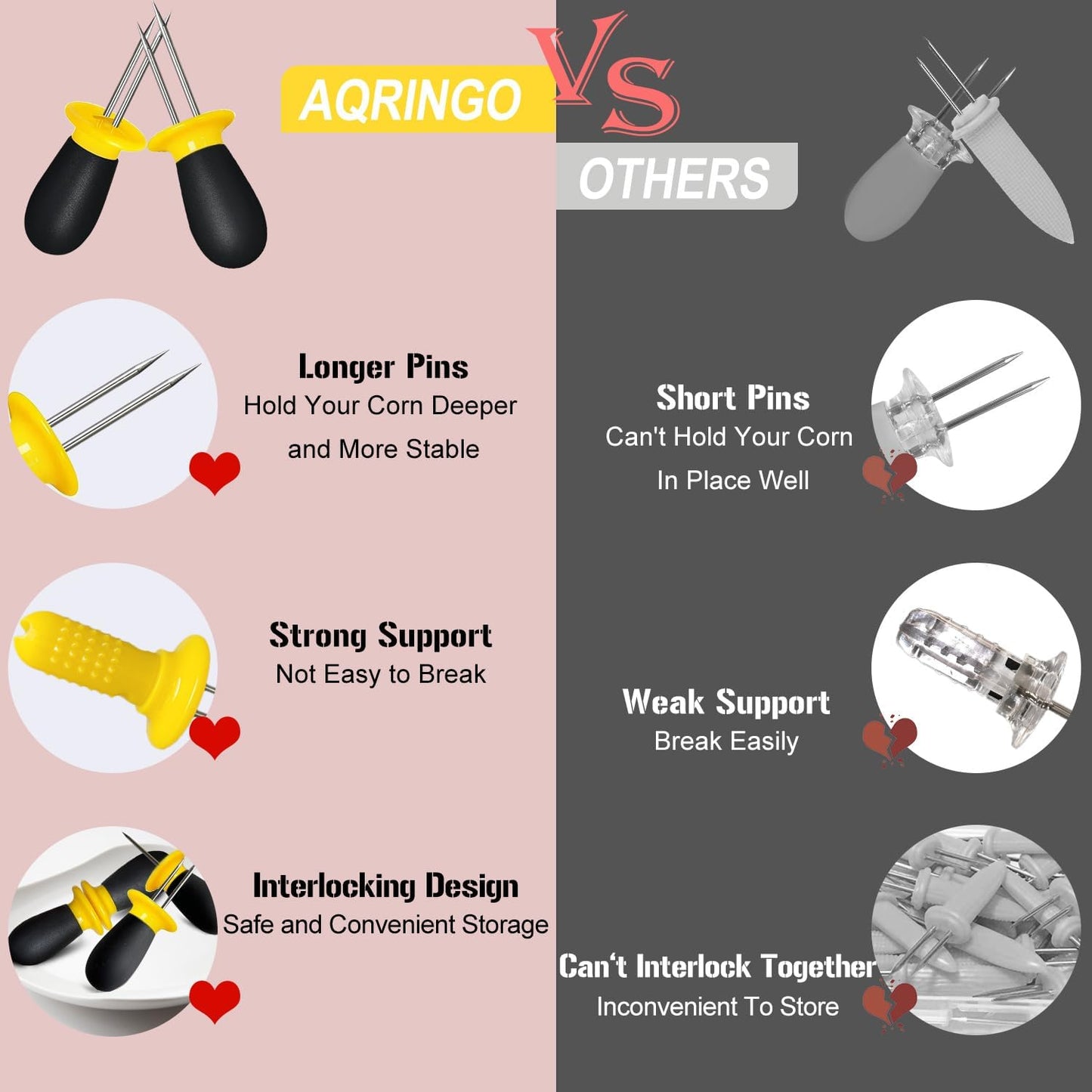 AQRINGO 12-Piece Stainless Steel Corn Holders - Safe BBQ Skewers for Camping & Parties