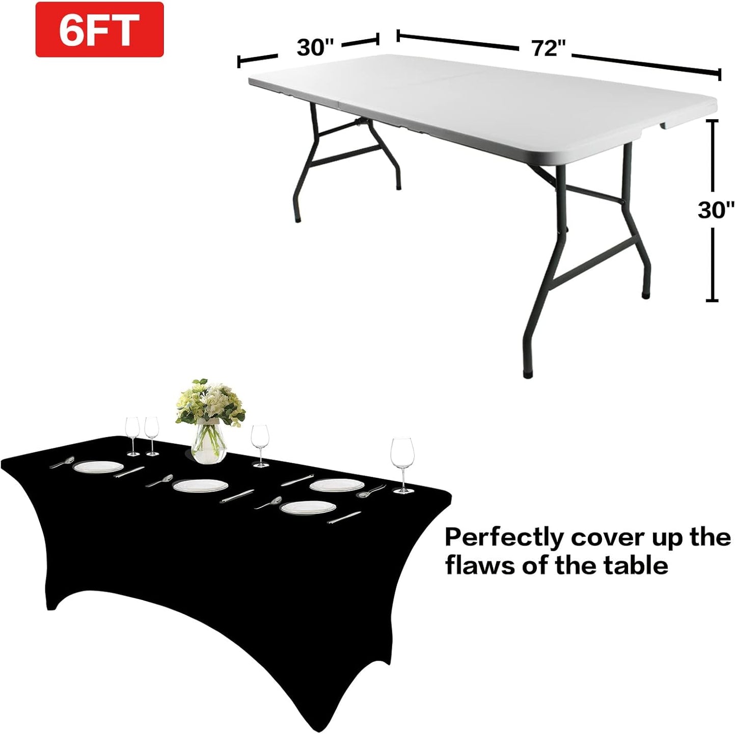 IVAPUPU 2-Pack 6FT Black Rectangular Stretch Tablecloth - Wrinkle-Resistant Spandex for Events