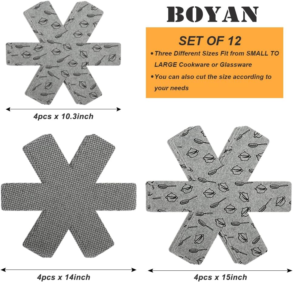 BOYAN 12-Piece Pot & Pan Protectors Set - Felt Divider Pads to Prevent Scratching When Stacking
