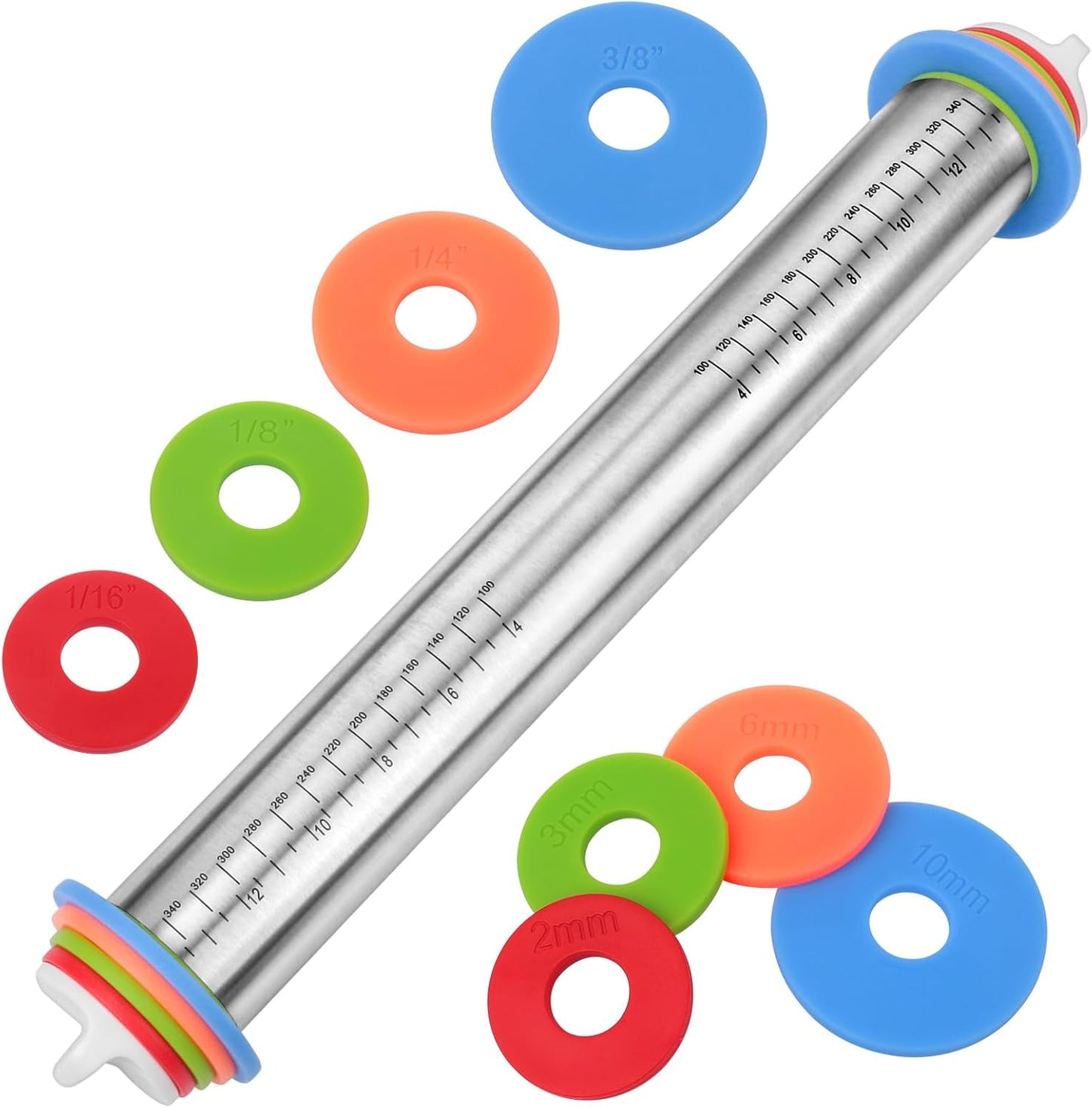 BIDFUL Adjustable Stainless Steel Rolling Pin with Thickness Rings - 17" Dough Roller for Baking