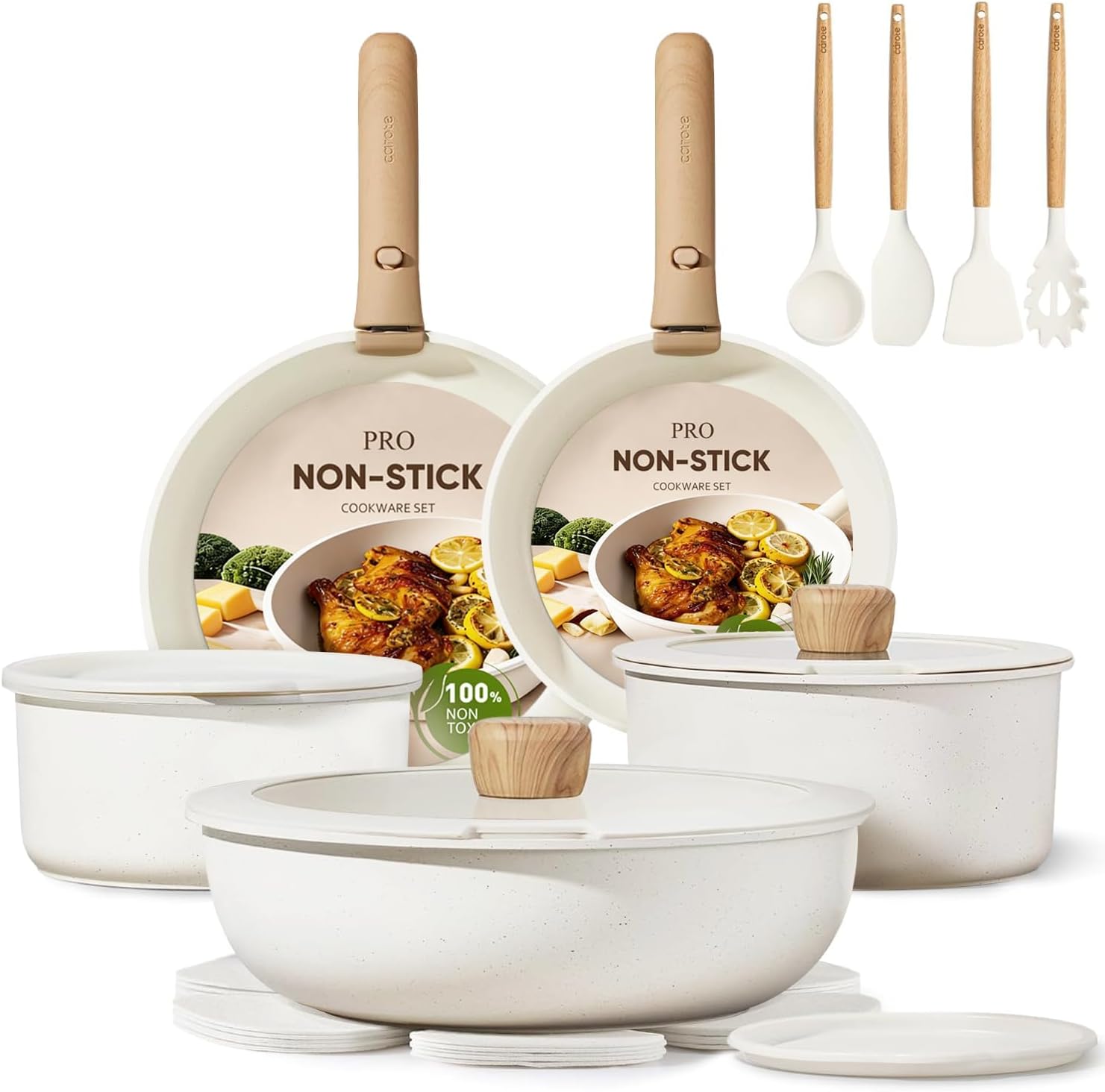 CAROTE 19-Piece Space-Saving Non-Stick Cookware Set with Detachable Handles