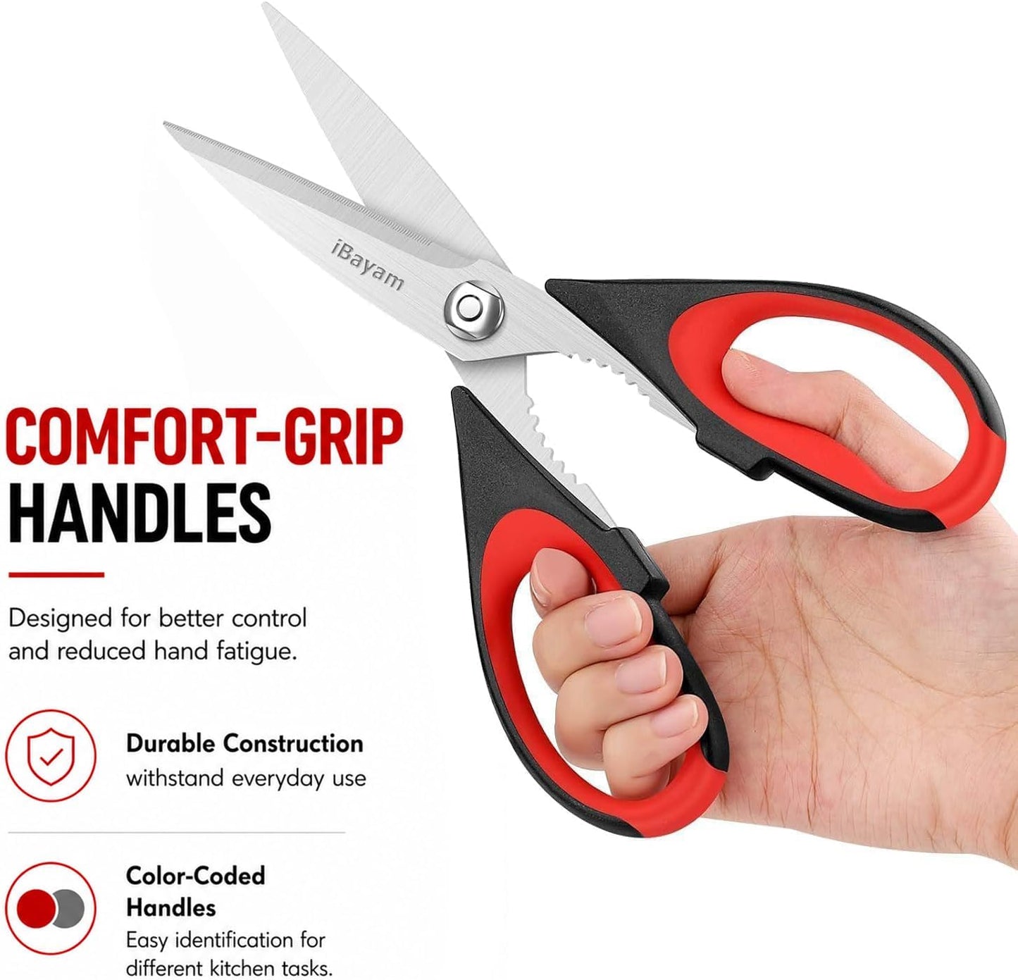iBayam Heavy Duty Kitchen Scissors - 2 Pack Stainless Steel Shears for Food & Meat Cutting