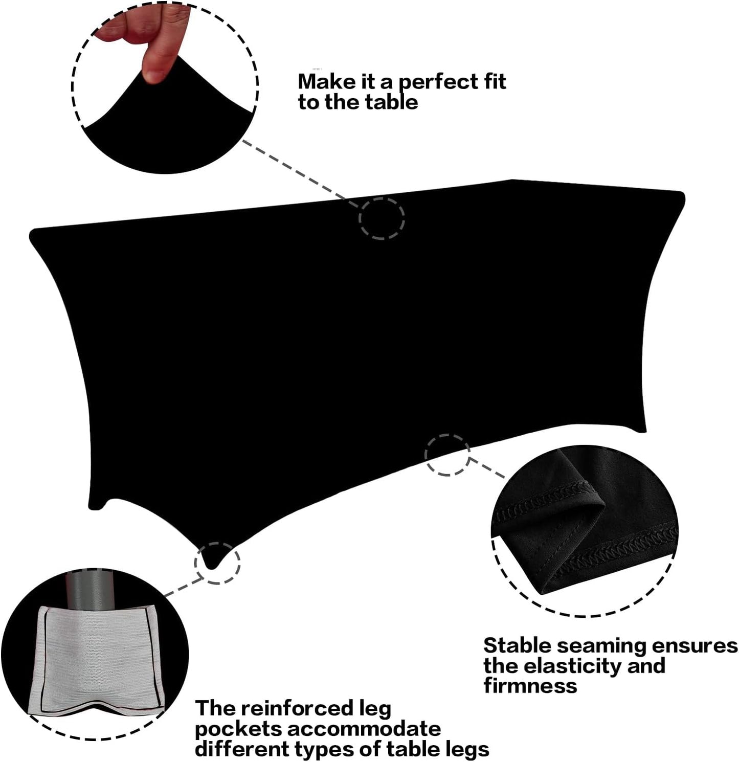 IVAPUPU 2-Pack 6FT Black Rectangular Stretch Tablecloth - Wrinkle-Resistant Spandex for Events