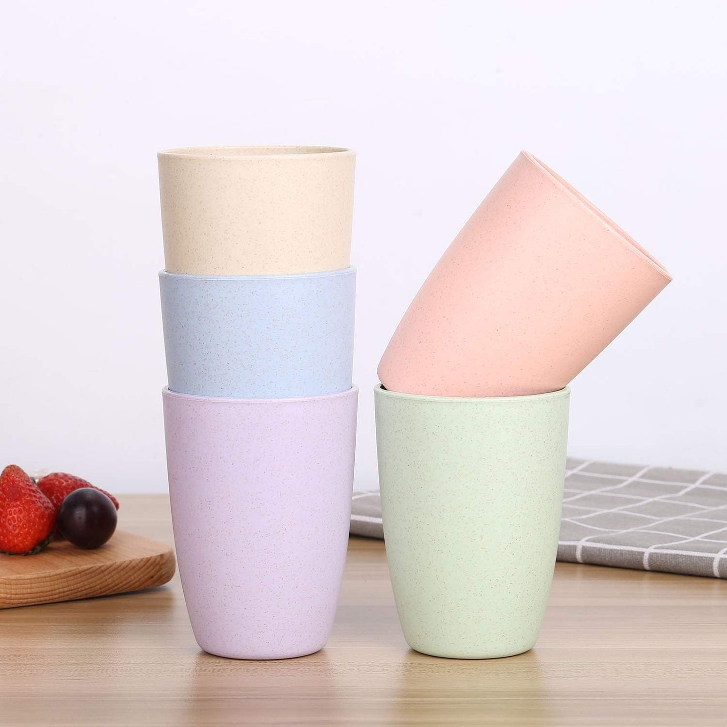 LuckyZone Wheat Straw Unbreakable Cups (12 oz) - Reusable Set of 5 - Dishwasher Safe & BPA-Free