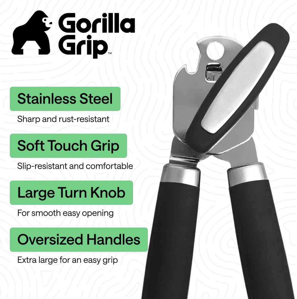 GORILLA GRIP Heavy Duty Manual Can Opener - Stainless Steel Smooth Edge for Effortless Cuts