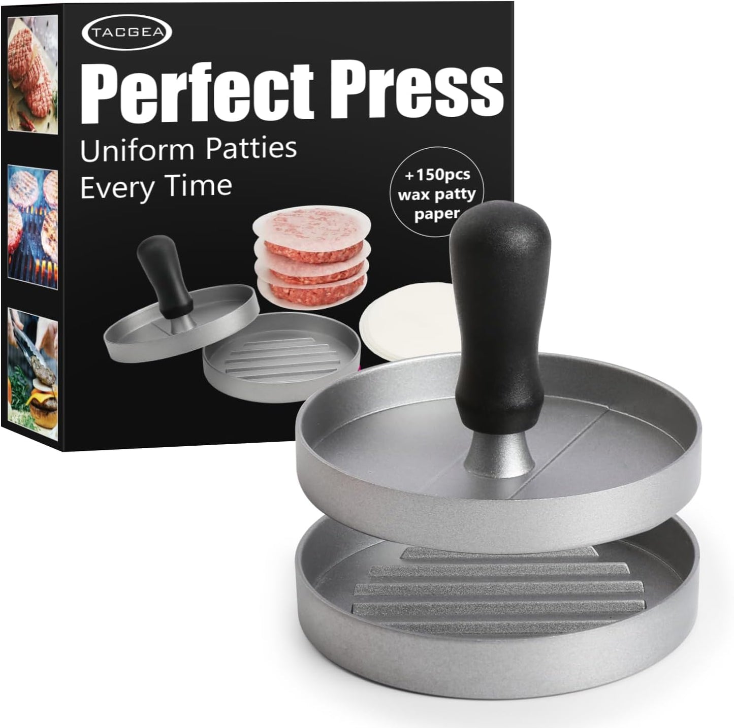 TACGEA Burger Press with 150 Non-Stick Patty Papers - Aluminum Grill Tool for Perfect Patties