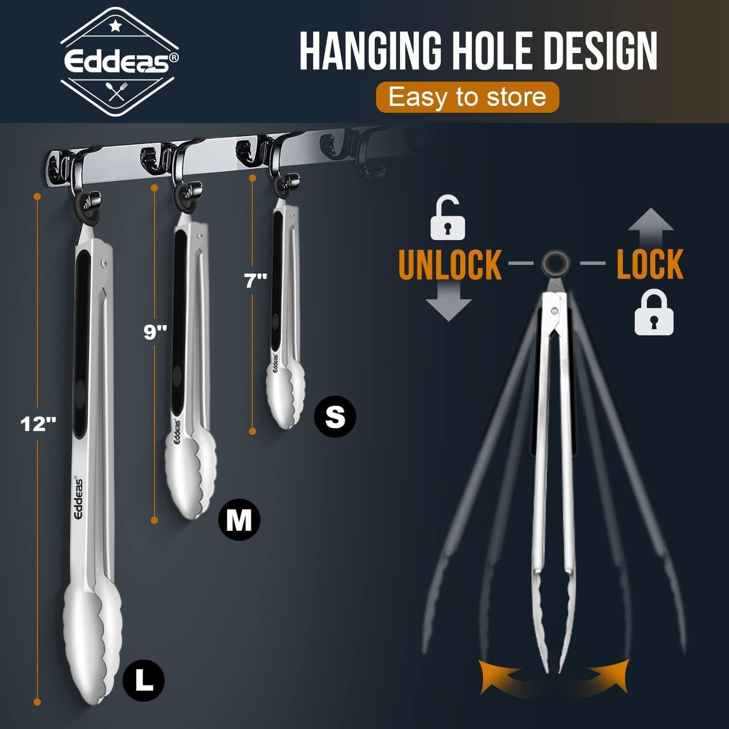 Eddeas Stainless Steel Cooking Tongs - Heat Resistant Locking Tongs (7",9",12") for BBQ & Kitchen Use