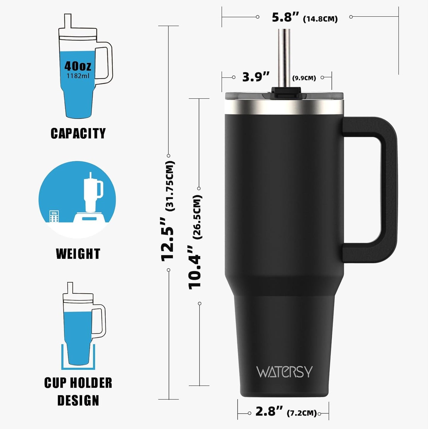40 oz Stainless Steel Insulated Tumbler with Handle - Leak-Proof Travel Mug for Coffee & Cold Drinks | WATERSY