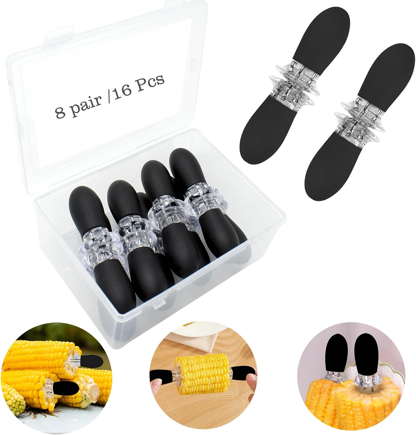 16Pcs/8 Pairs Black Corn Holders - Stainless Steel Interlocking Skewers for BBQ & Camping