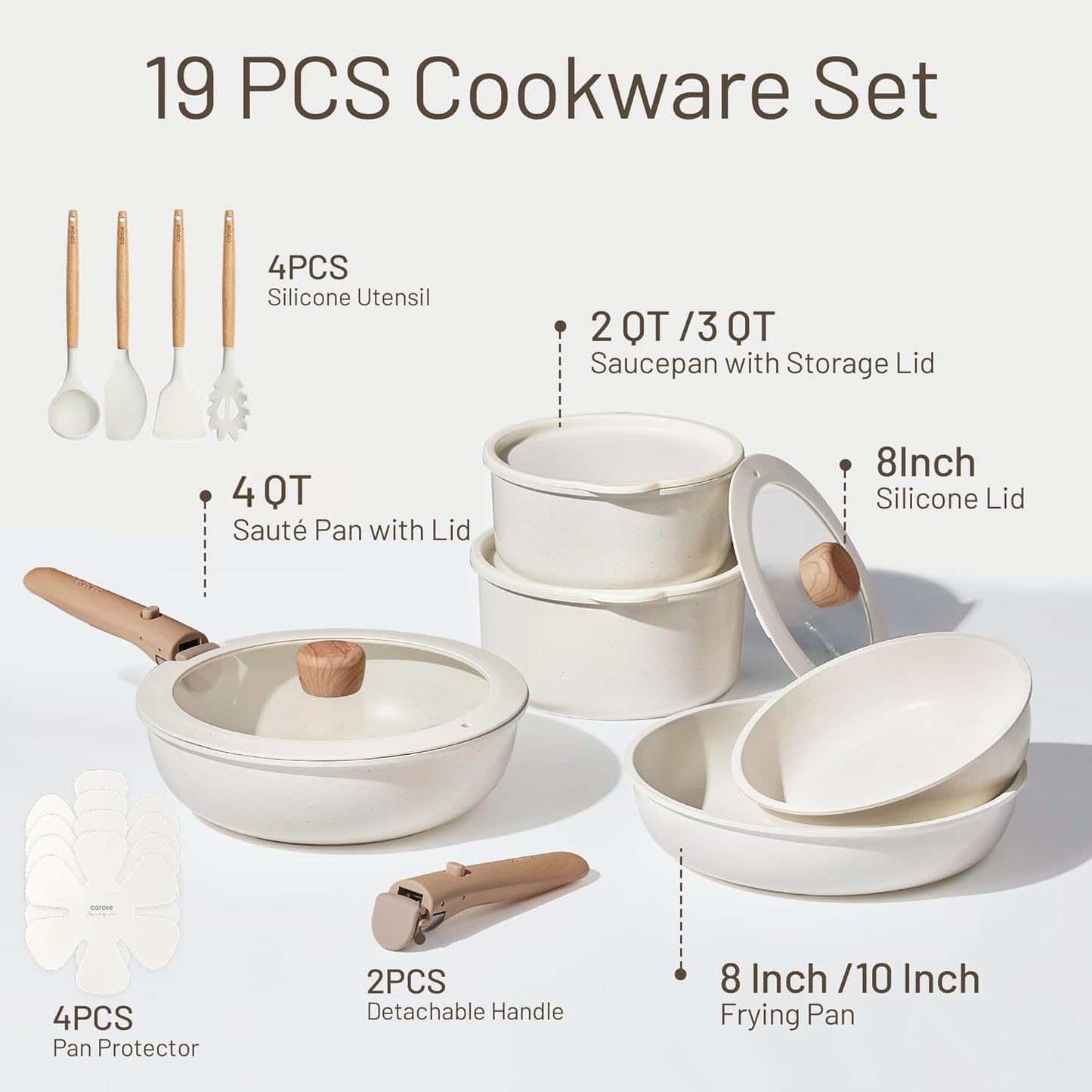 CAROTE 19-Piece Space-Saving Non-Stick Cookware Set with Detachable Handles