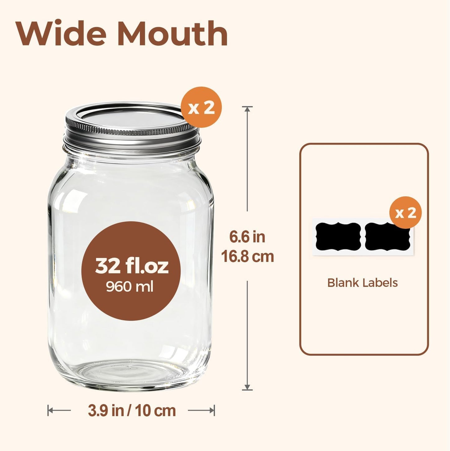 ComSaf 32oz Wide Mouth Mason Jars 2-Pack | Airtight Lids for Meal Prep & Canning