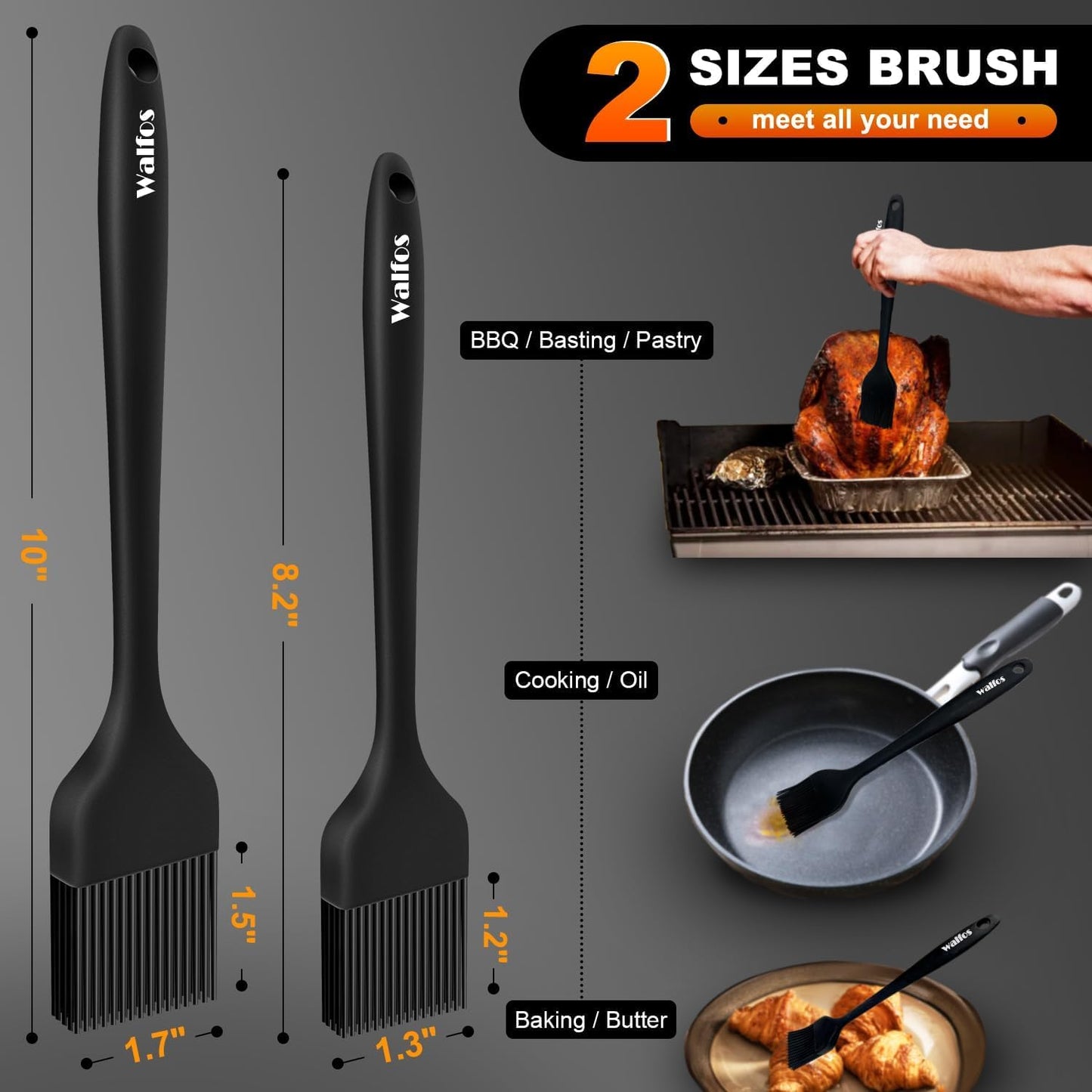Walfos 600°F Heat-Resistant Silicone Pastry Brush Set (2 Sizes) - BPA-Free & Dishwasher Safe