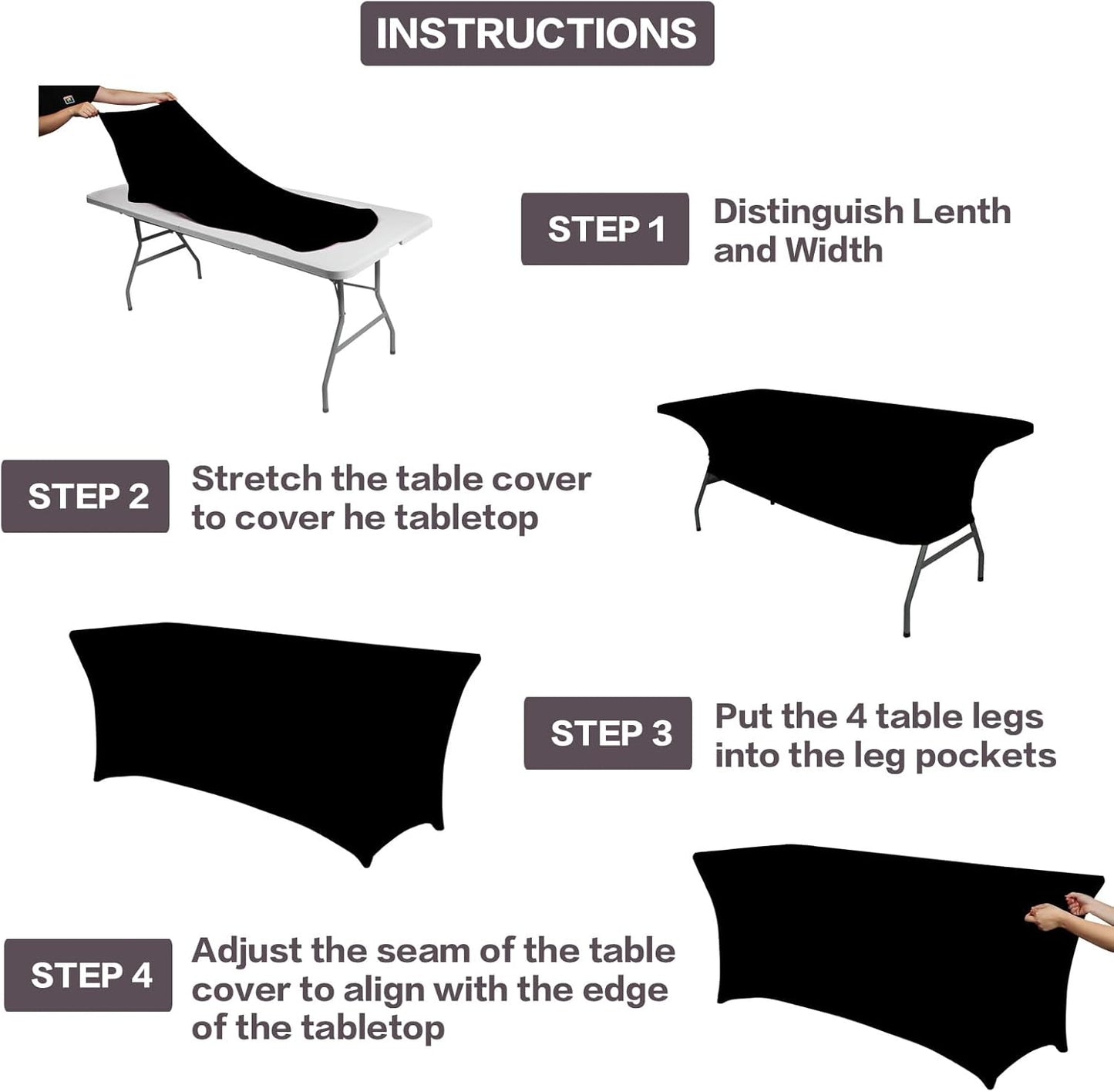IVAPUPU 2-Pack 6FT Black Rectangular Stretch Tablecloth - Wrinkle-Resistant Spandex for Events