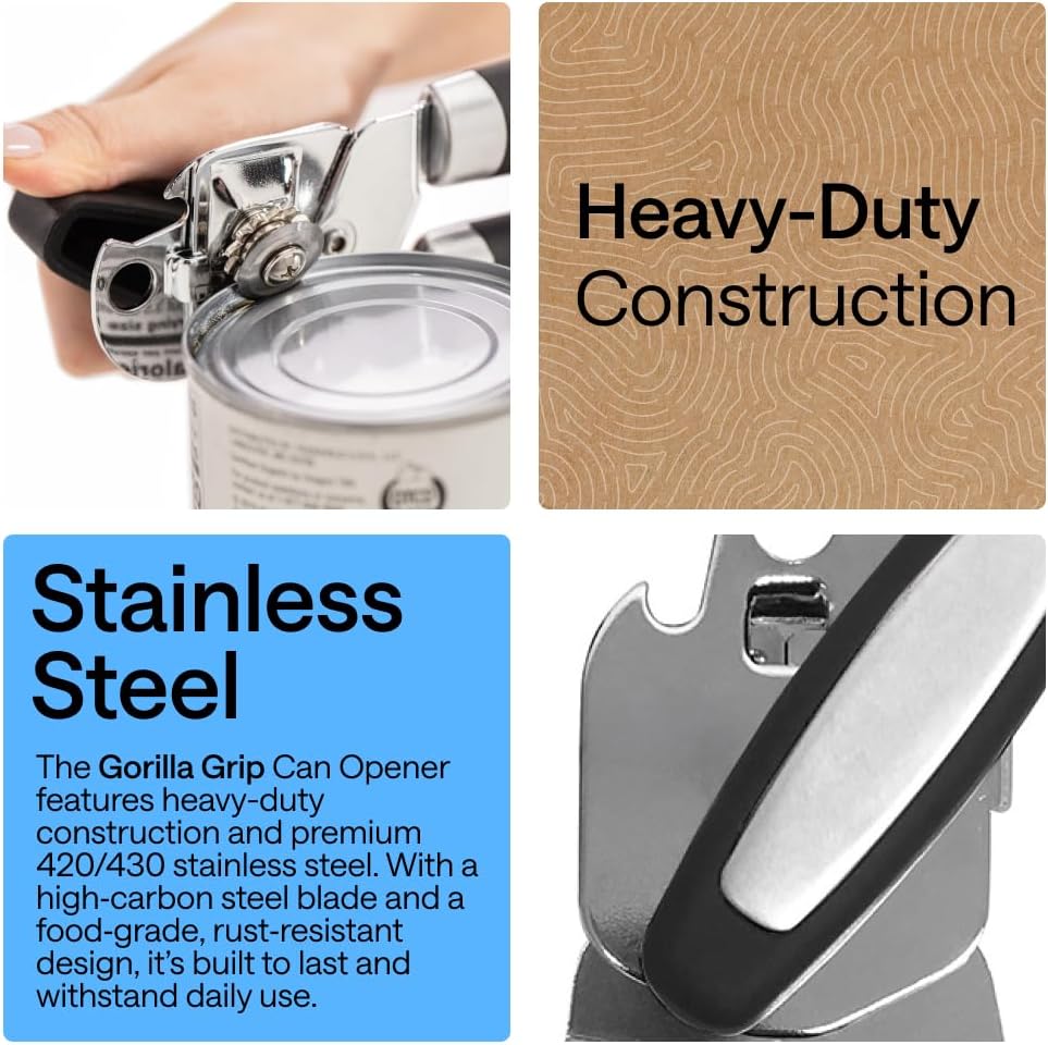 GORILLA GRIP Heavy Duty Manual Can Opener - Stainless Steel Smooth Edge for Effortless Cuts