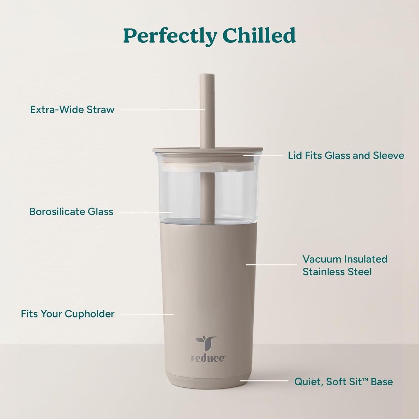 REDUCE 20 oz Vacuum Insulated Glass Tumbler with Lid & Straw - Keeps Drinks Cold 12 Hrs