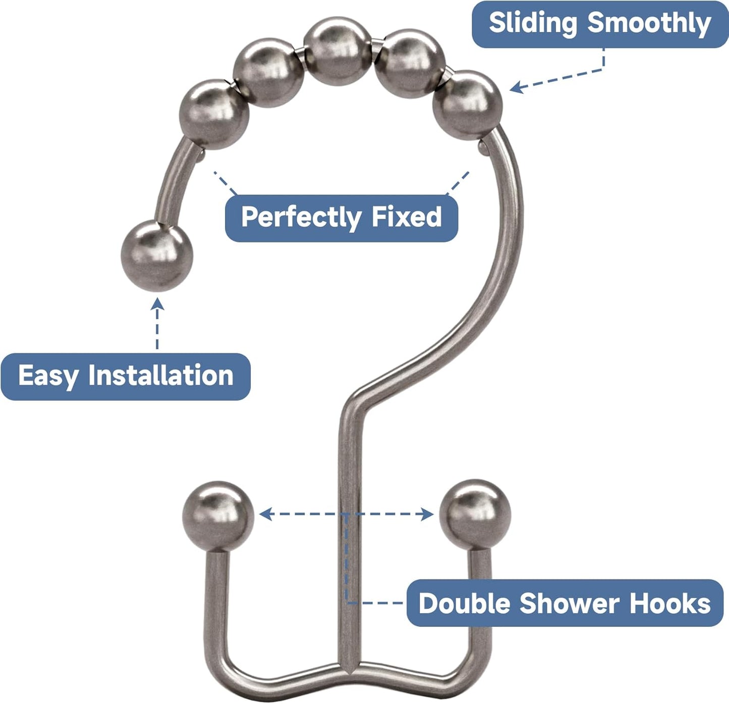 Titanker 12-Pack Rust-Resistant Double Glide Shower Curtain Hooks, Nickel Finish