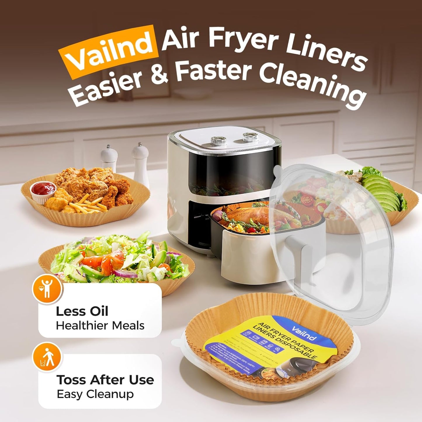 Vailnd Air Fryer Parchment Liners - 125Pcs Disposable Non-Stick 8IN Square Liners for Ninja AF150