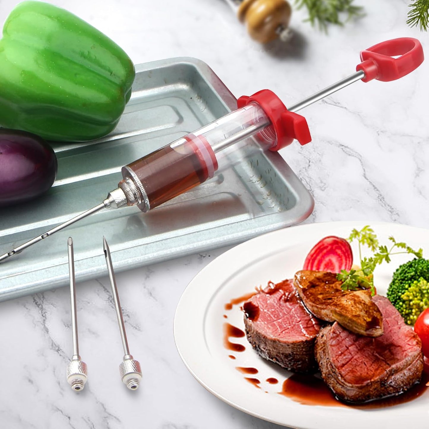 GRILL BUMP 1-Ounce Plastic BBQ Meat Injector Kit with Stainless Steel Needles for Turkey & Grilling
