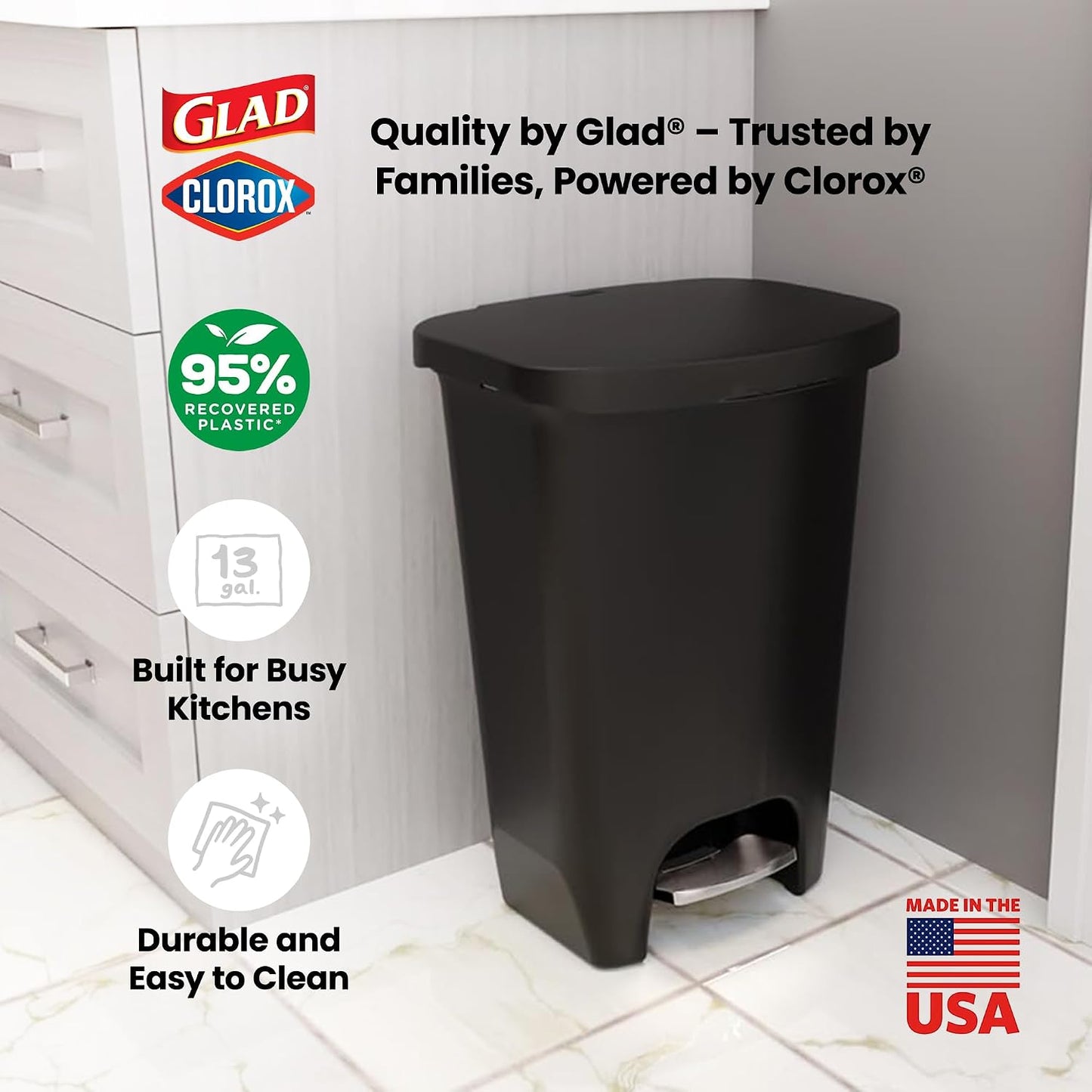 Glad Premium 13-Gallon Kitchen Trash Can with Clorox Odor Protection & Stainless Steel Foot Pedal