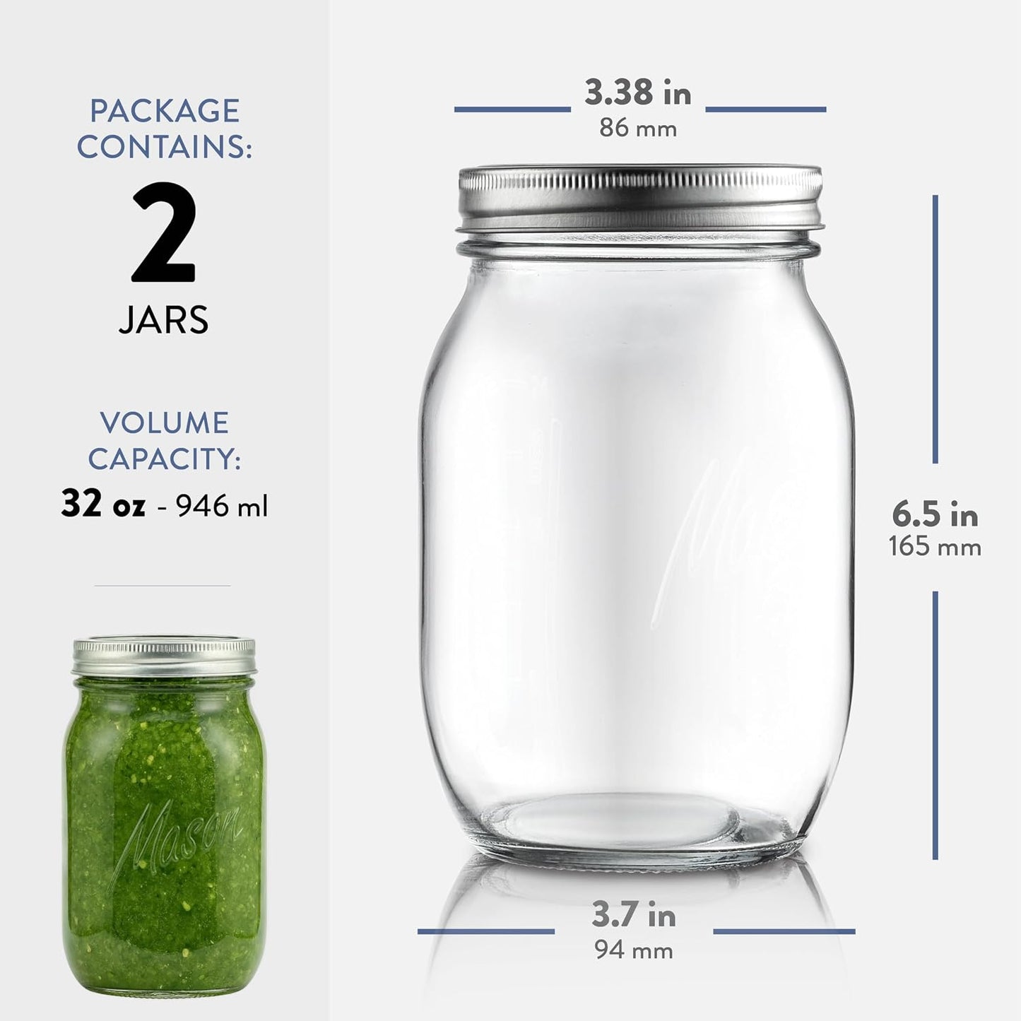 Paksh Novelty Wide Mouth Mason Jars 32 Oz - 2-Pack for Canning & Meal Prep