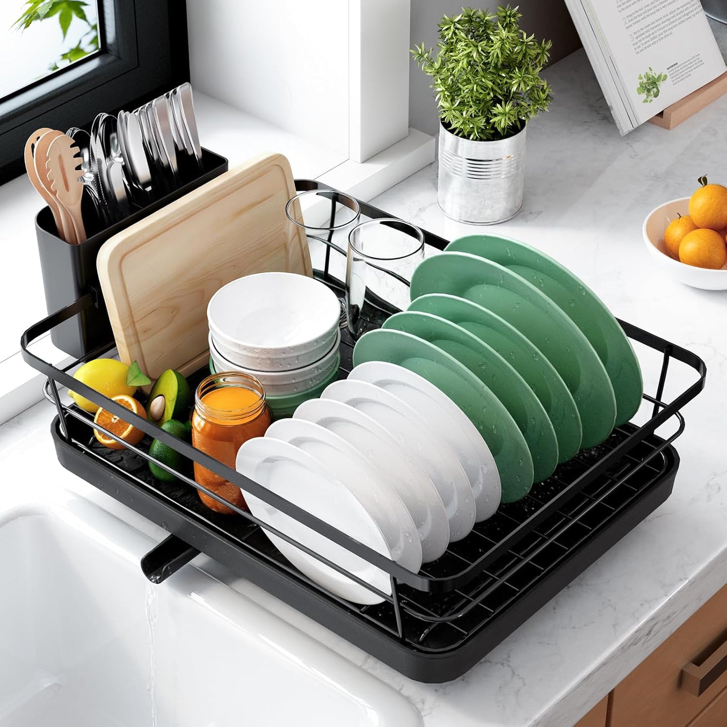 Kitsure Compact Dish Drying Rack for Small Kitchens - Stainless Steel Sink Organizer with Detachable Cutlery Holder, 12x15.5