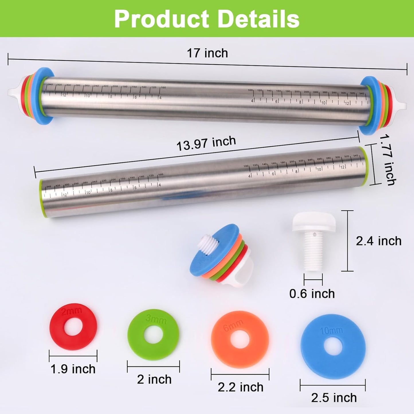 BIDFUL Adjustable Stainless Steel Rolling Pin with Thickness Rings - 17" Dough Roller for Baking