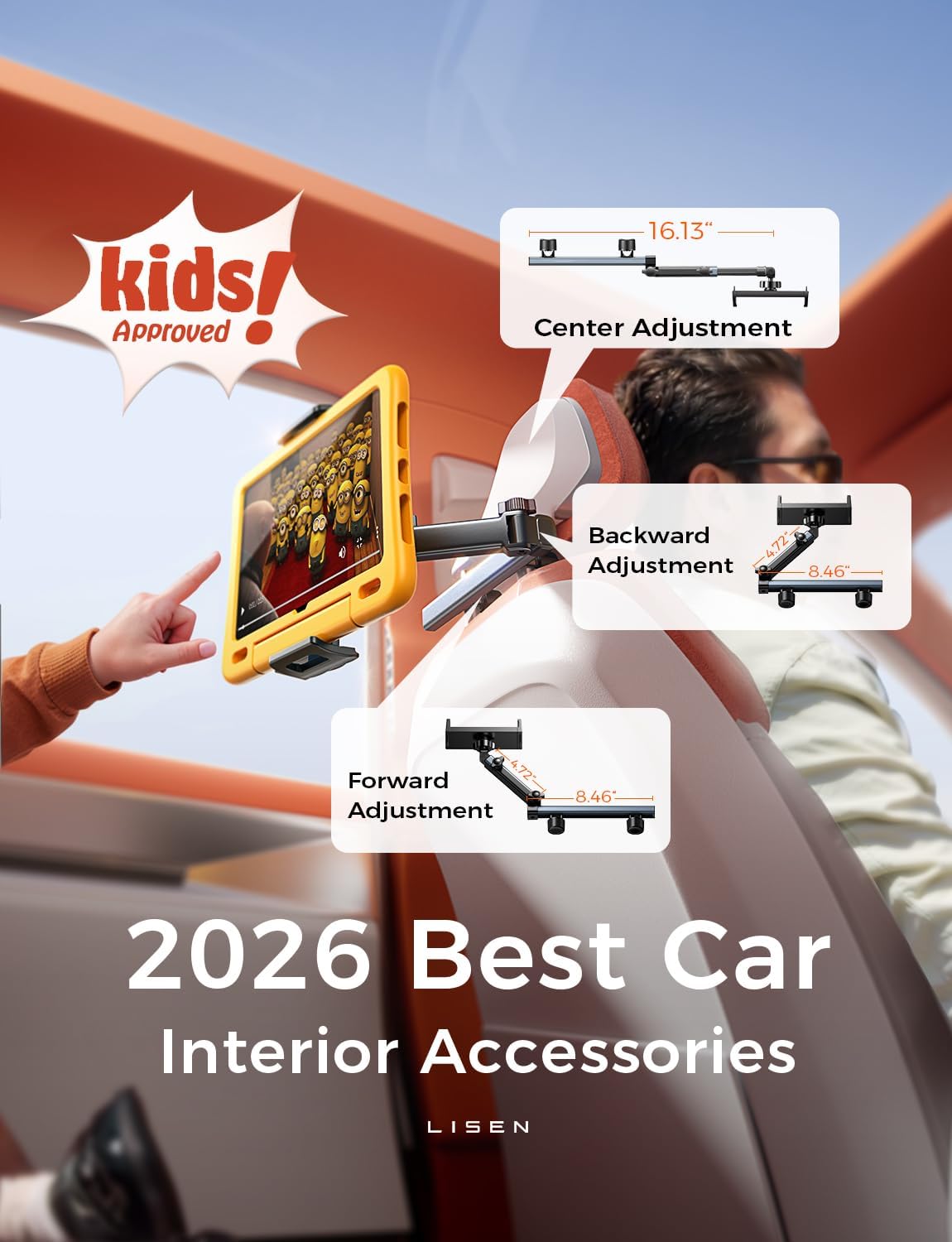 LISEN 3-in-1 Car Backseat Tablet Mount (Model 2E547) - Secure 4-Axis Holder for Kids Entertainment