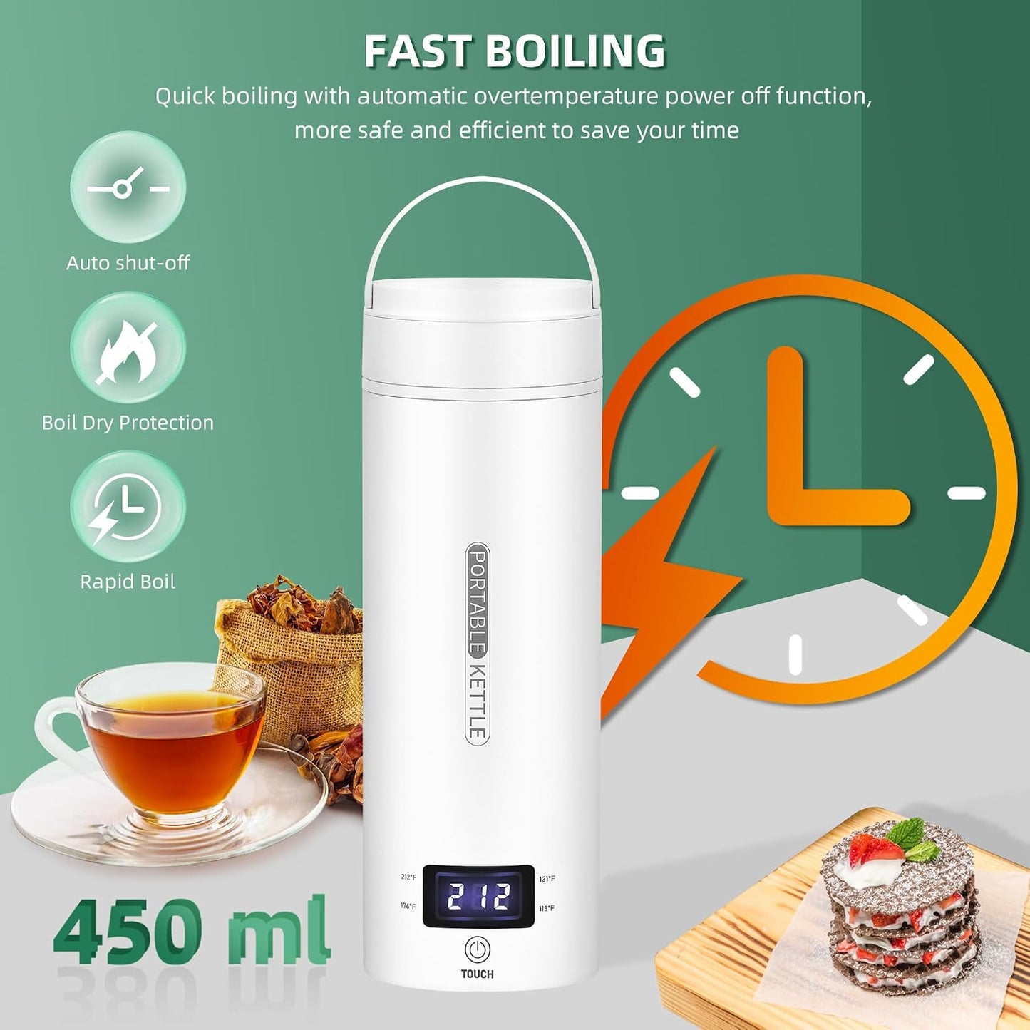 QRAGJBM Portable Travel Electric Kettle - 450ml Mini Water Boiler with 4 Temperature Presets & Auto Shut-Off