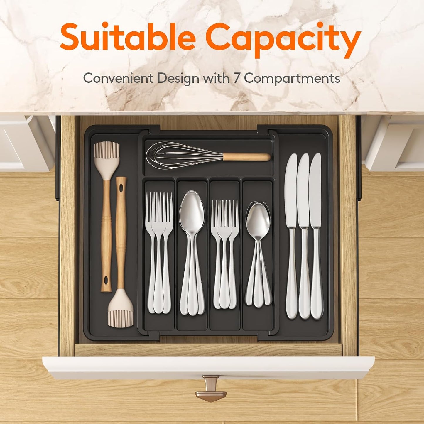 Lifewit Expandable Silverware Organizer - Kitchen Drawer Utensil Holder (8-13.8") Black