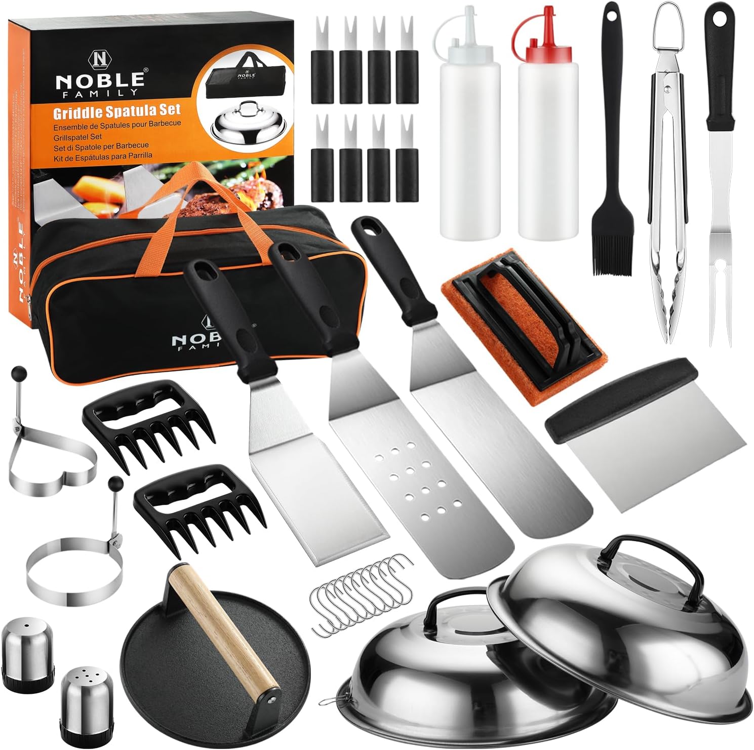 N NOBLE FAMILY 38PCS Griddle Accessories Kit - Professional Outdoor Barbecue Tools Set with Spatula, Tongs, Burger Press & Carry Bag