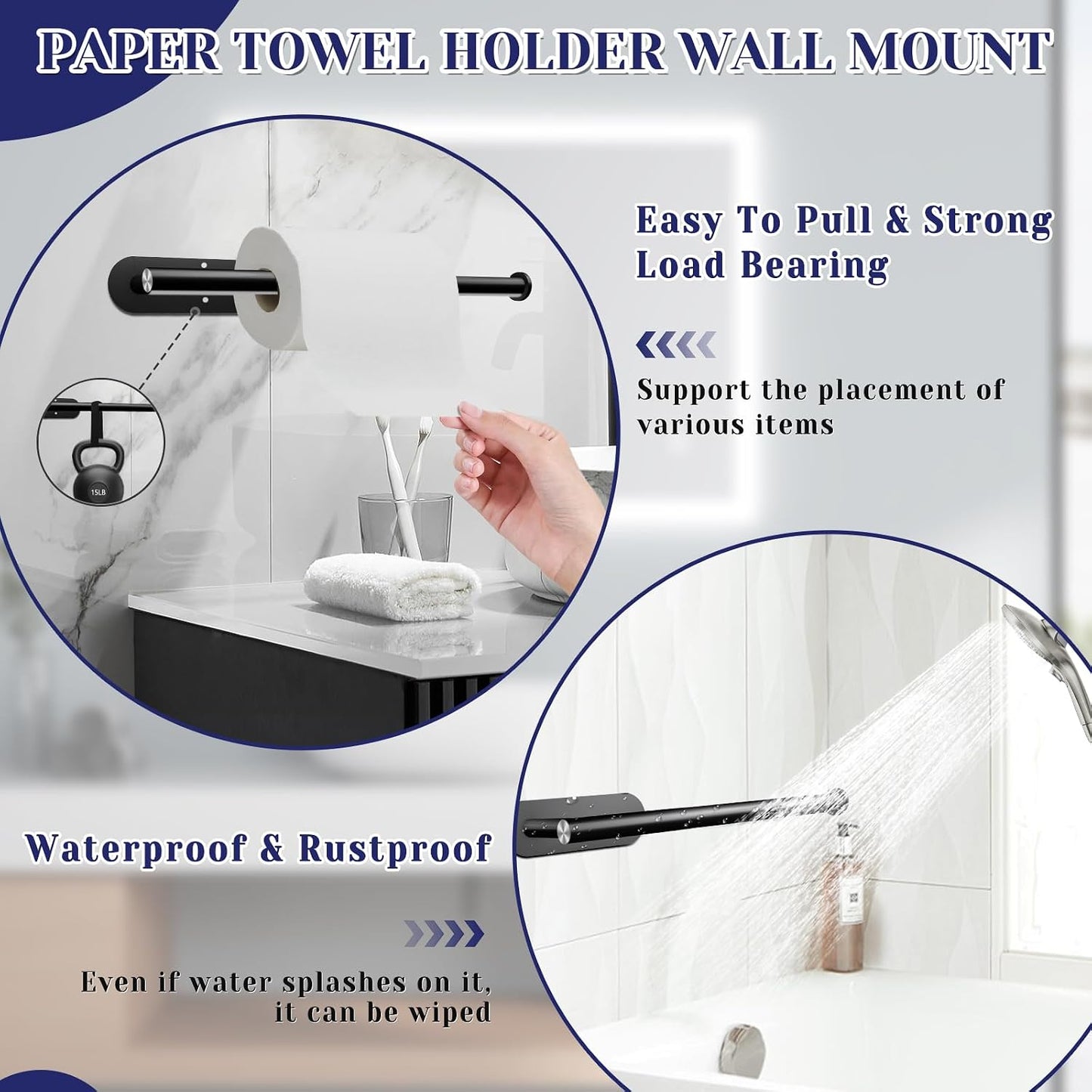 Bollove Stainless Steel Black Paper Towel Holder Under Cabinet Self Adhesive