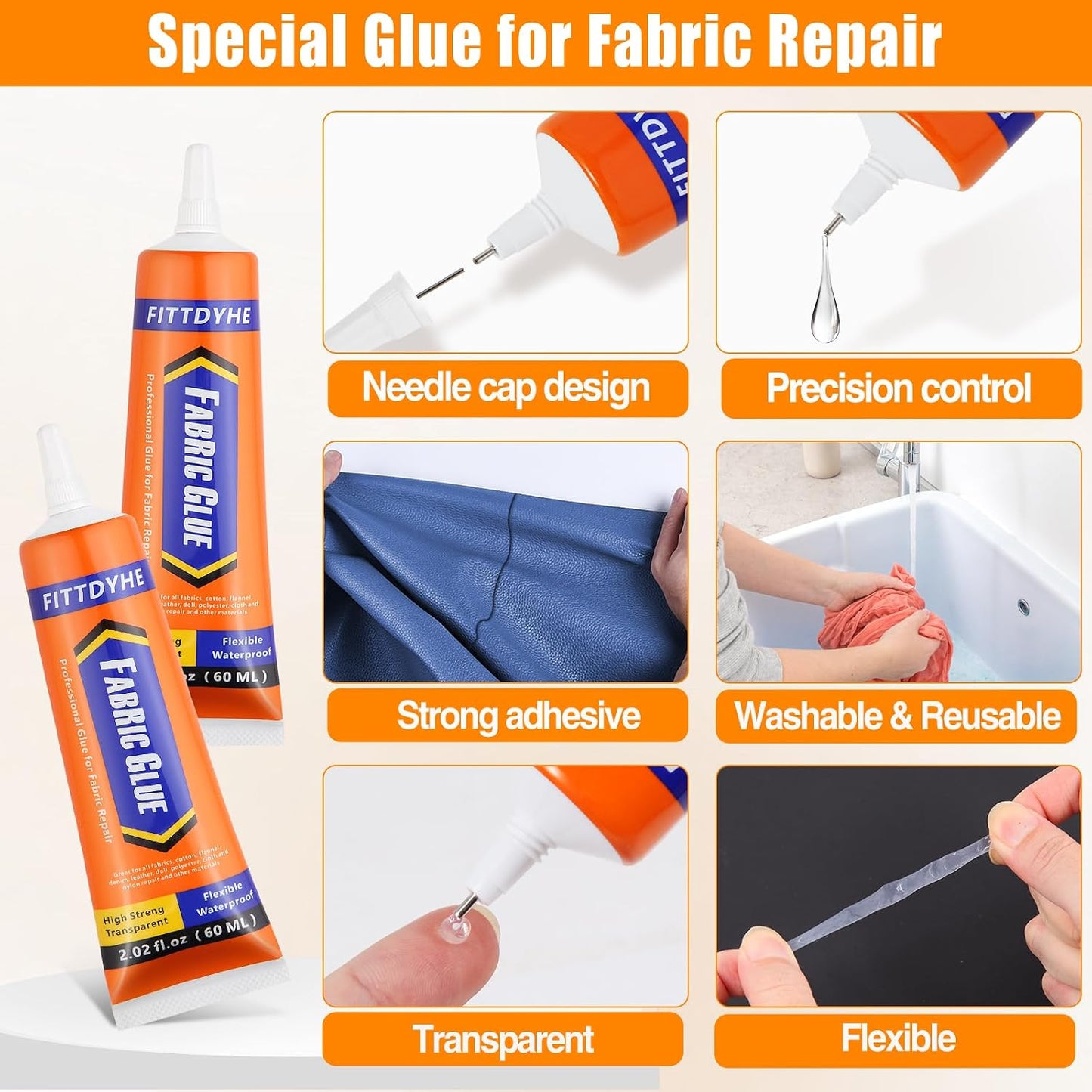Permanent Fabric Glue - 60ml Washable Adhesive for Clothing & Crafts by FITTDYHE