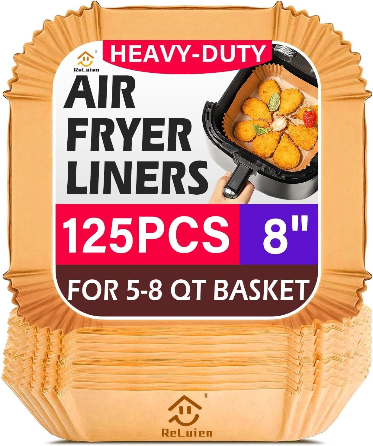 ReLuien Air Fryer Liners Disposable 125Pcs - 8" Square Unbleached Parchment Paper for 5-8QT Nonstick Baking Tools