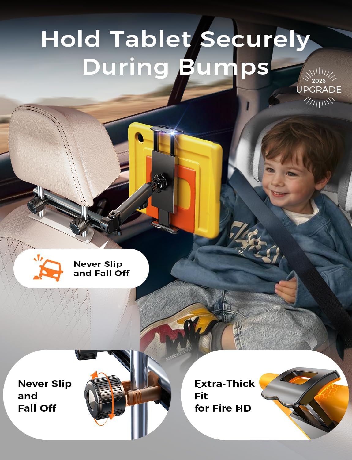LISEN 3-in-1 Car Backseat Tablet Mount (Model 2E547) - Secure 4-Axis Holder for Kids Entertainment