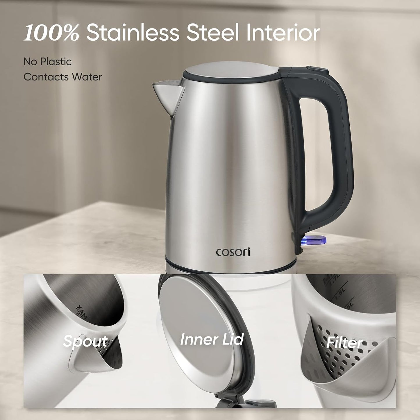 Cosori Stainless Steel Electric Kettle - No Plastic Contact, Auto Shut-Off & Boil-Dry Protection (1.7L)
