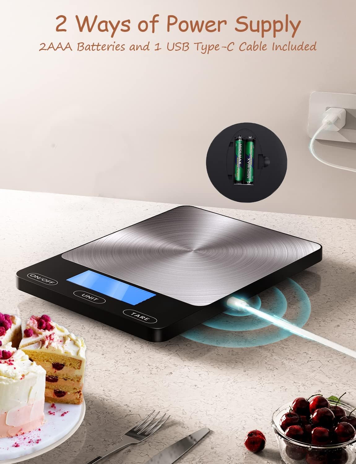 Digital Kitchen Food Scale - 33lb Rechargeable Stainless Steel with Tare & Auto-Off | GGQ