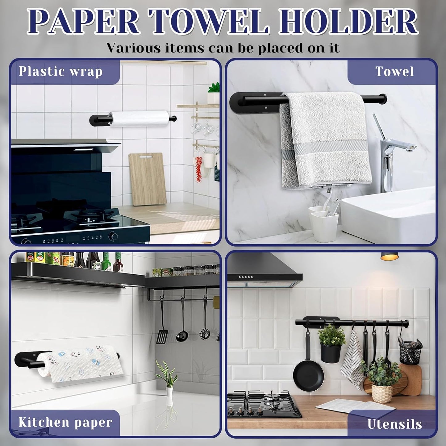 Bollove Stainless Steel Black Paper Towel Holder Under Cabinet Self Adhesive