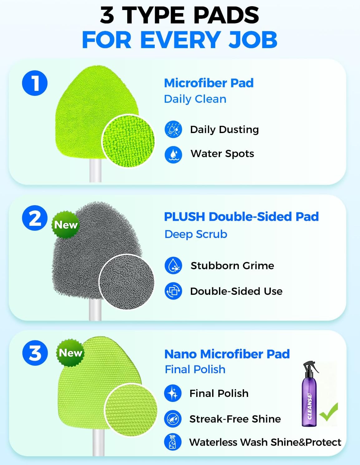 XINDELL Extendable Car Windshield Cleaner Kit with Microfiber Pads